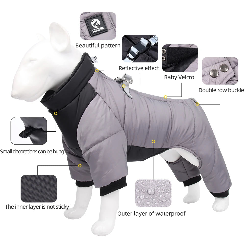 Reflective Four-Legged Dog Winter Coat - Rainproof Windproof Overalls