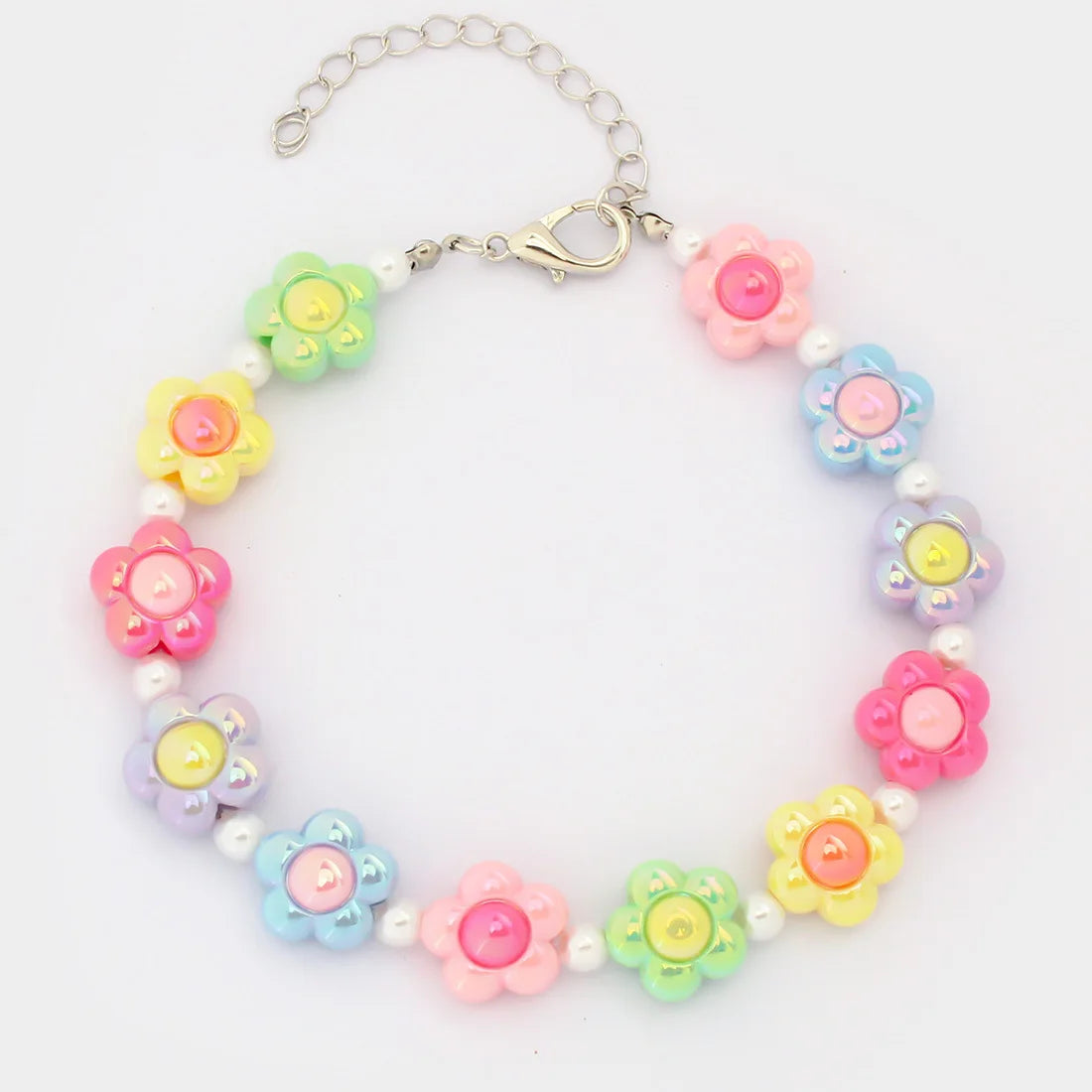 Cute Candy-Colored Pet Collar: Pearl Necklace with Flower Beads & Alloy Chain