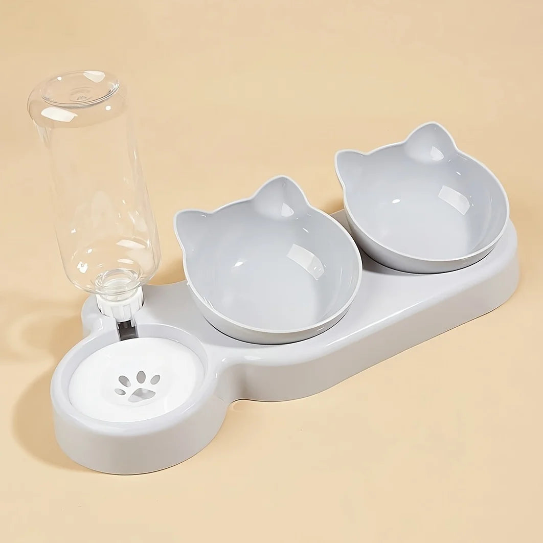 3-in-1 Elevated Cat Bowl & Gravity Water Feeder – Tilted Food & Water Bowl Set for Cats & Small Dogs