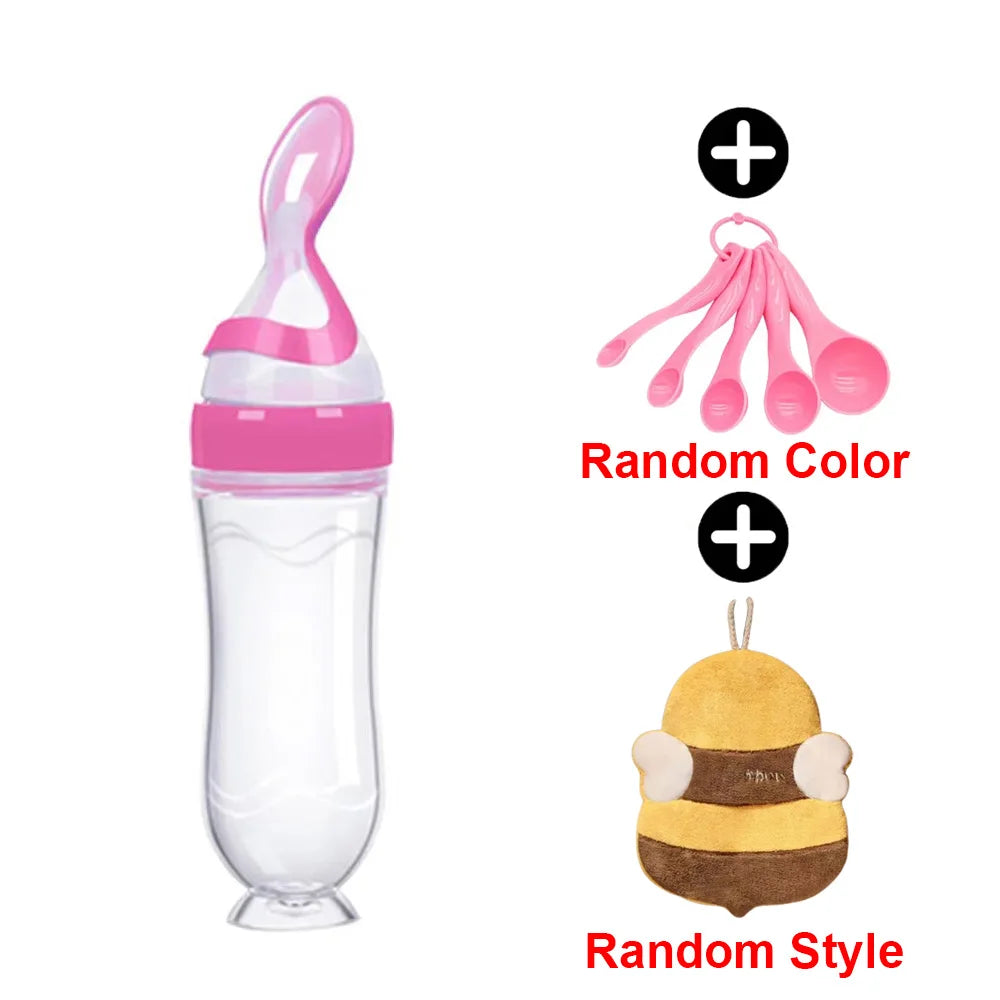 Infant Baby Squeezing Feeding Spoon Baby Silicone Baby Feeding Vegetable Fruit Bottle Baby Dish Scale spoon & hand towel set - PULSE MART