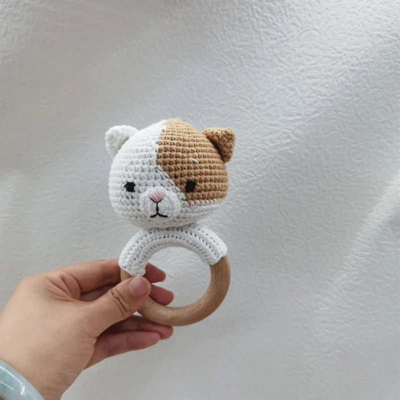 Amigurumi Cartoon Animal Baby Rattle Cute Wooden Ring Handhold Newborn Rattle Toys Handmade Pacifier Clips Kids Educational Toys - PULSE MART