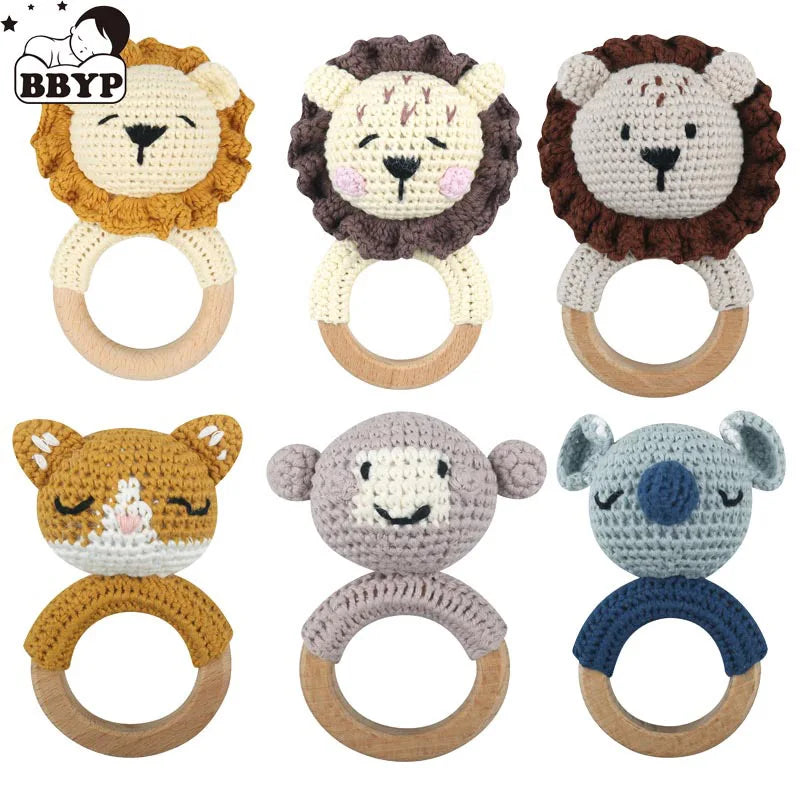 Amigurumi Cartoon Animal Baby Rattle Cute Wooden Ring Handhold Newborn Rattle Toys Handmade Pacifier Clips Kids Educational Toys - PULSE MART