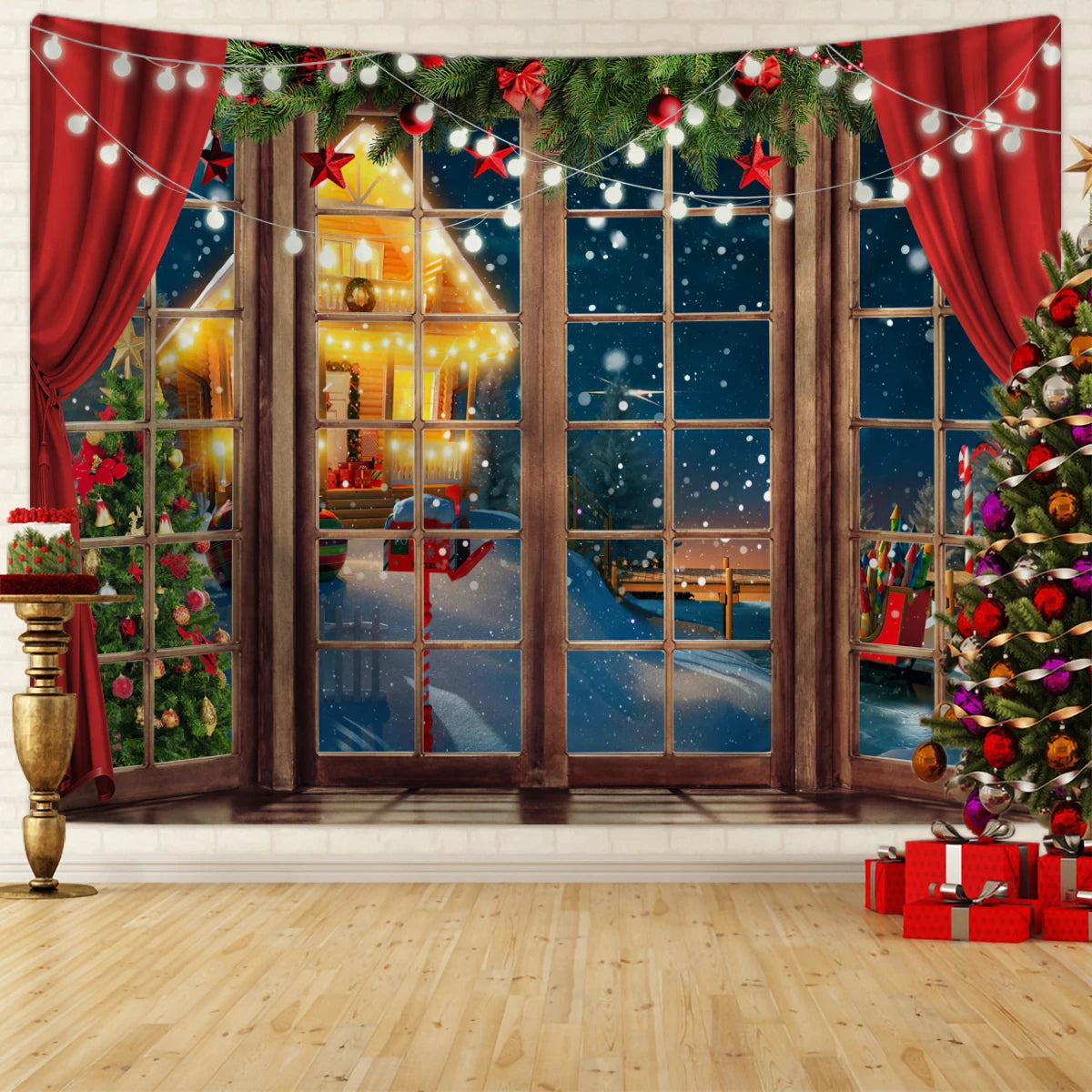 1pc Christmas tapestry, Christmas window tapestry, Christmas tree snow scene photography screen, Christmas decoration tapestry