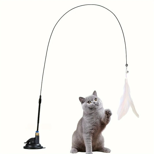 Interactive Cat Teaser Toy – Feather Wand with Bell & Suction Cup for Indoor Cats