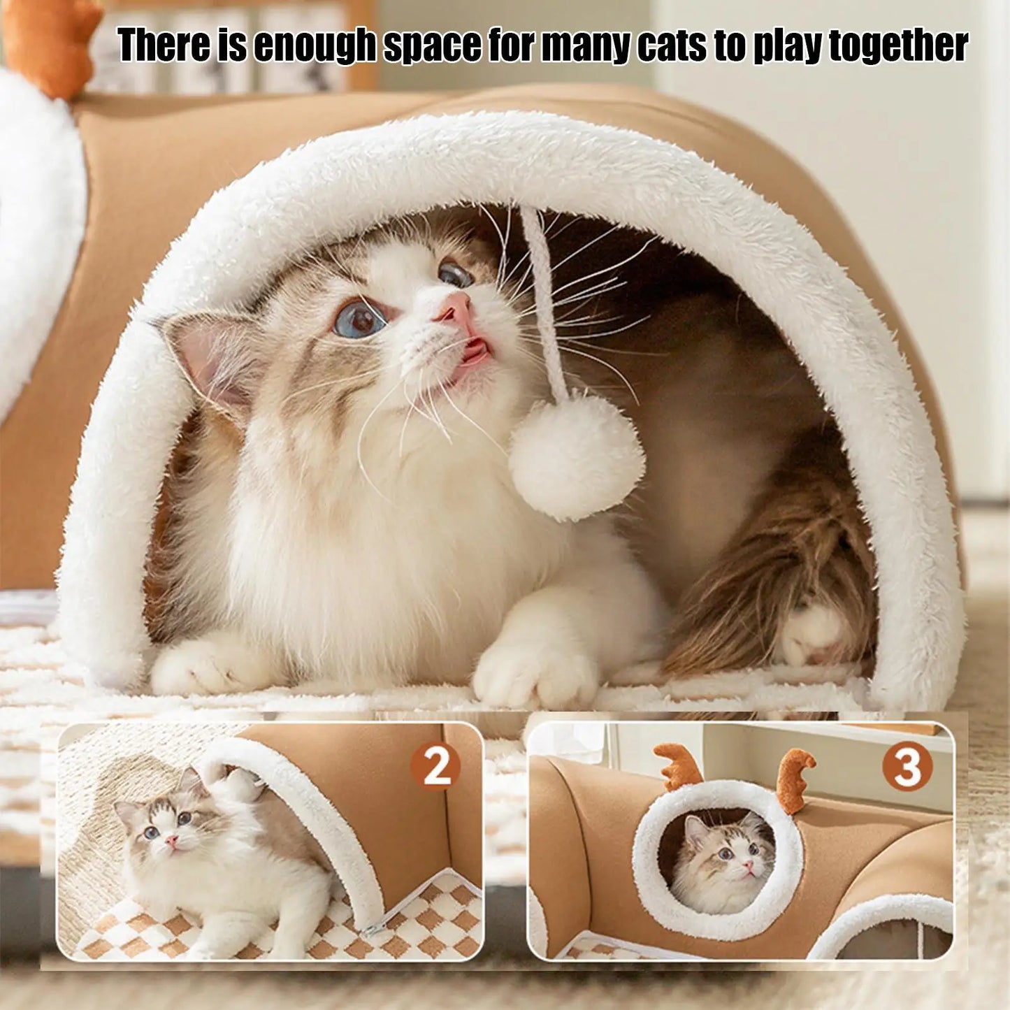 2-in-1 Cat Bed & Play Tunnel - Foldable Winter Hideaway Tent with Plush Mat