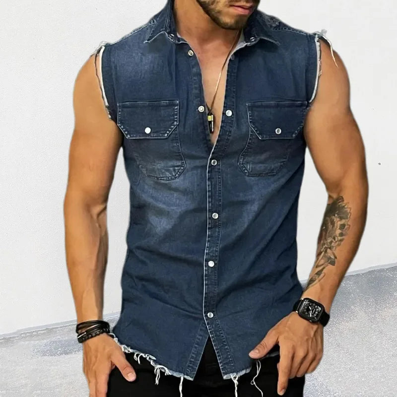 Men’s Denim Tank Top – Trendy Sleeveless Shirt, Lapel Cardigan Style, Summer Streetwear Singlet