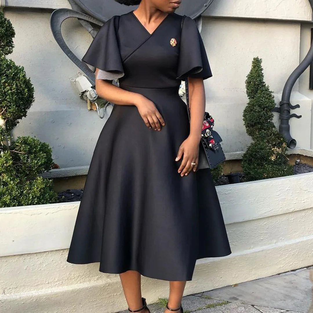 Women’s Elegant Party Dress – V-Neck, Ruffle Sleeves, High Waist Pleated Midi Vestido