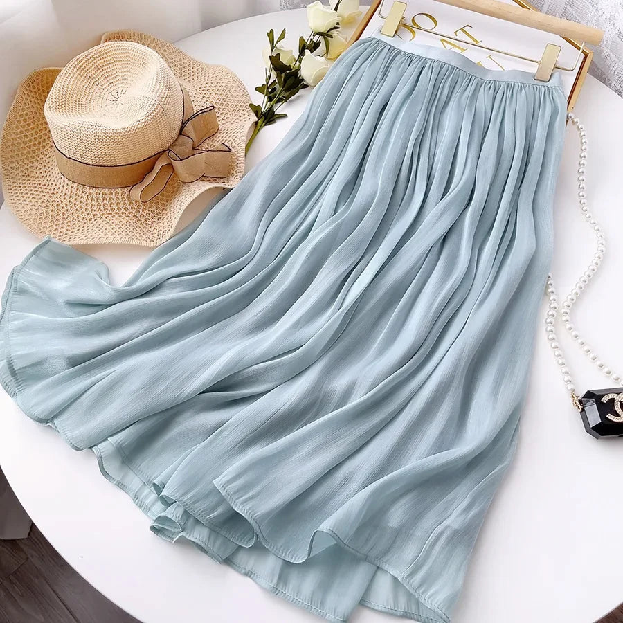 Women’s Summer Pleated A-Line Skirt – High Waist Slim Long Skirt, Elegant Streetwear
