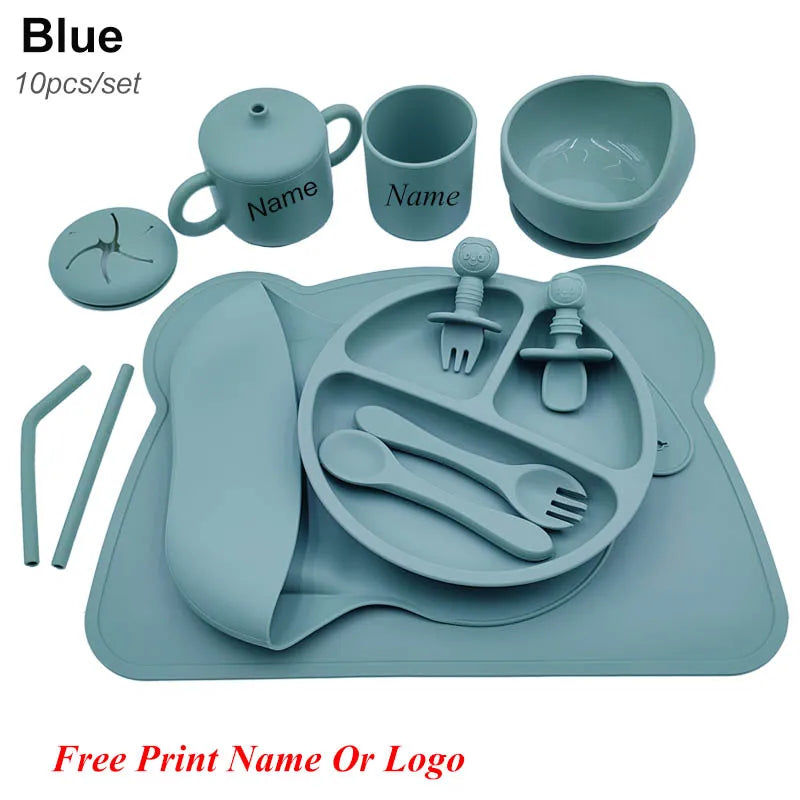 Silicone Baby Feeding Set 10Pcs Children Tableware Set Personalized Name Plates Bowls Placemats Spoon Fork For Kids Newborn Gift - PULSE MART