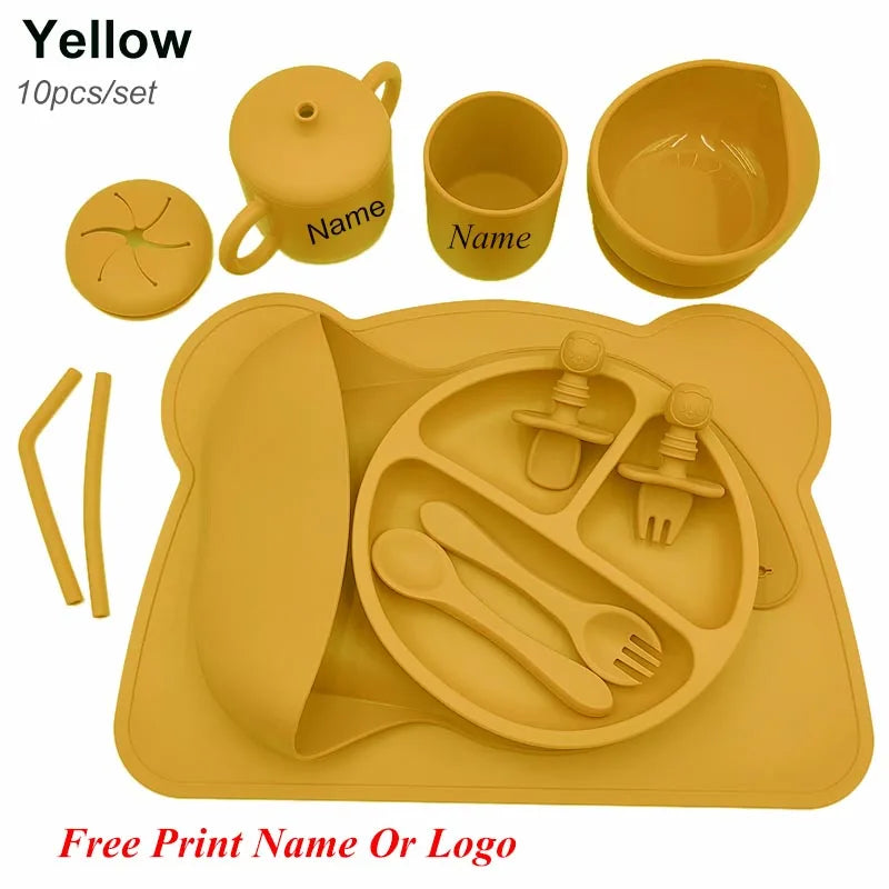 Silicone Baby Feeding Set 10Pcs Children Tableware Set Personalized Name Plates Bowls Placemats Spoon Fork For Kids Newborn Gift - PULSE MART