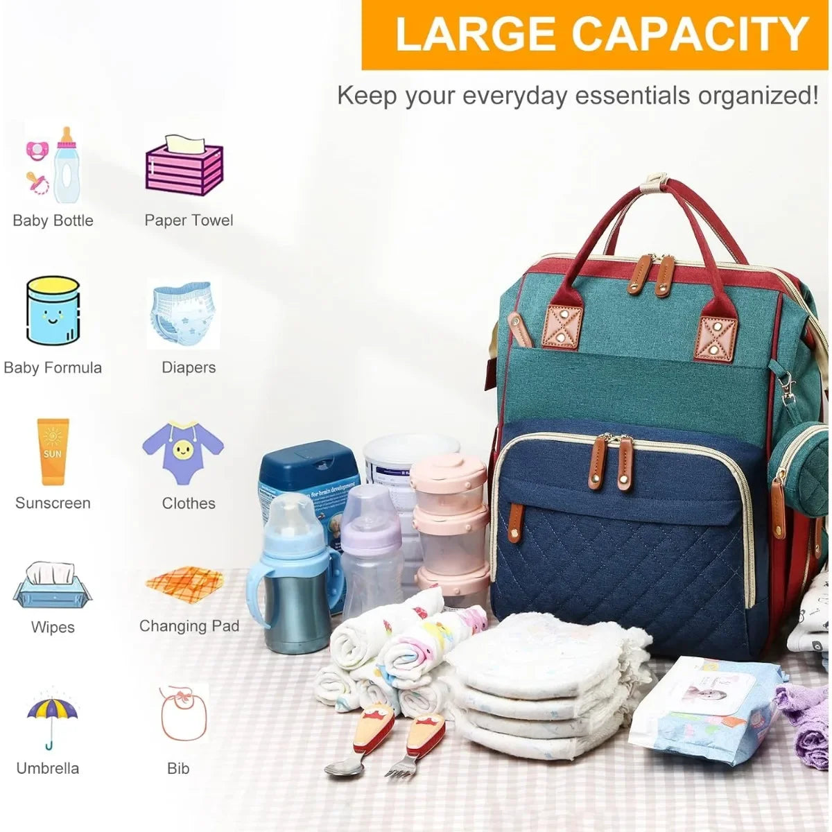 Diaper Bag with Changing Station 3 in 1 Baby Diaper Backpack with Foldable Changing Pad, Large Travel Back Pack for Girl Boy - PULSE MART