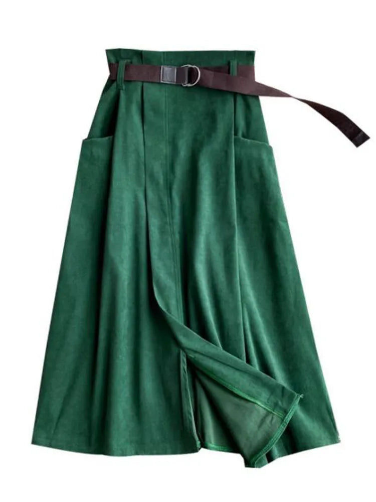 Women’s Casual Midi Skirt – High Waist Irregular Design with Pockets, Spring & Autumn