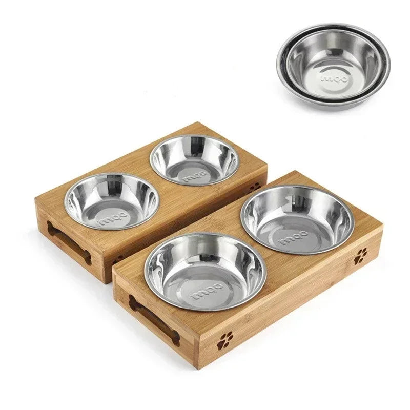 Ceramic Elevated Double Pet Bowls - Bamboo Wooden Stand for Cats & Small Dogs