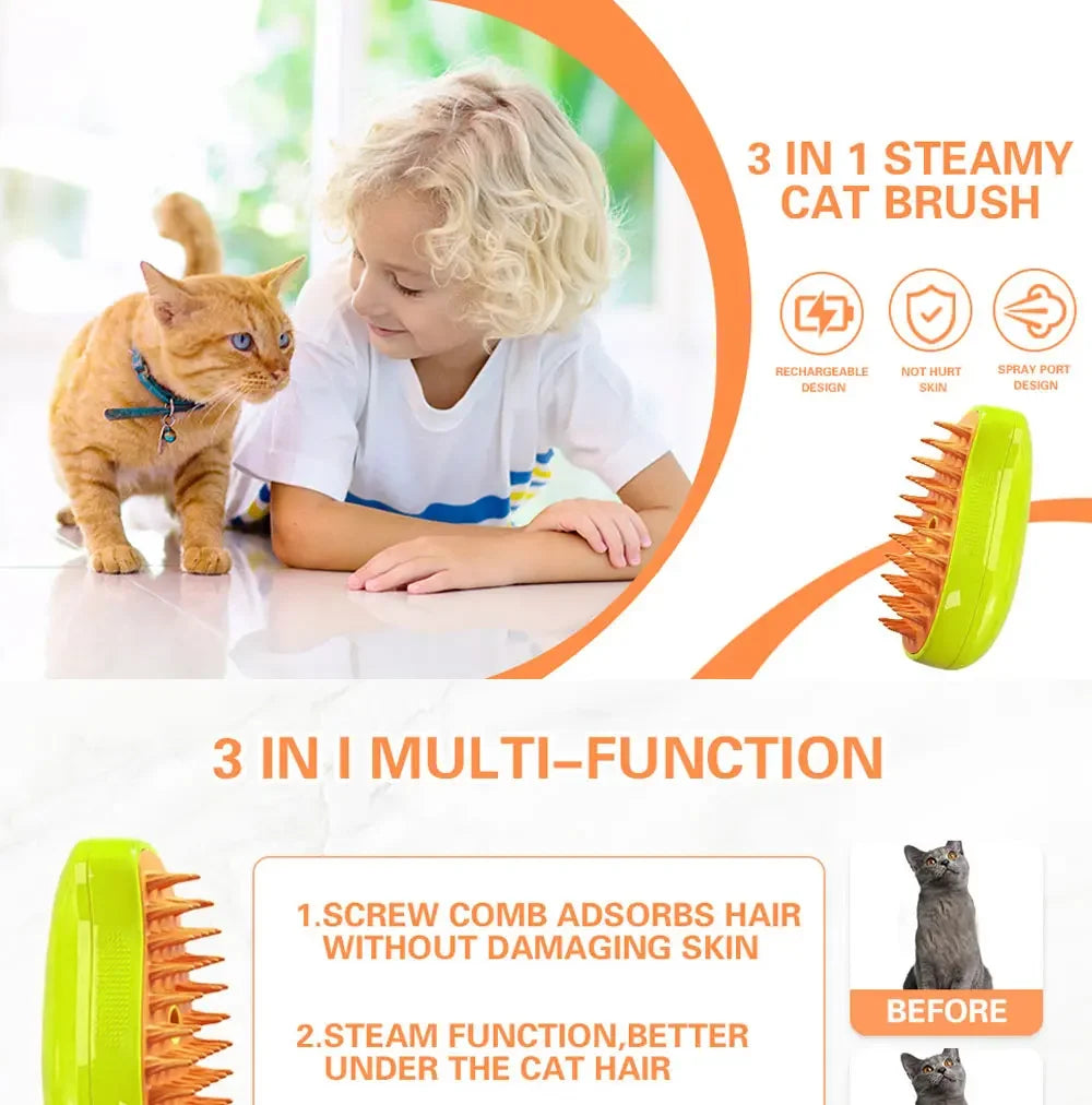 3-in-1 Electric Pet Steam Brush – Cat & Dog Grooming Brush with Spray & Massage Comb