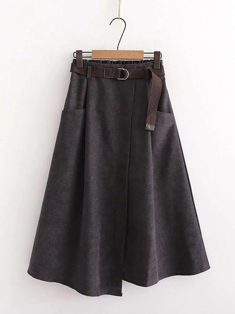Women’s Casual Midi Skirt – High Waist Irregular Design with Pockets, Spring & Autumn