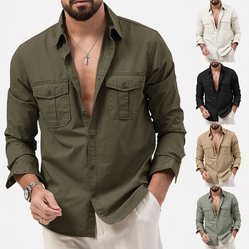 Men’s Business Casual Shirt – Army Green Long Sleeve Camisa Masculina