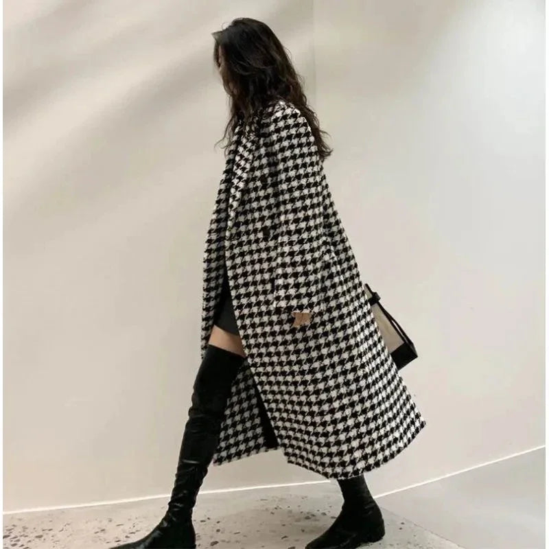 2025 Women’s Double-Breasted Woolen Coat – Korean Houndstooth Style - PULSE MART