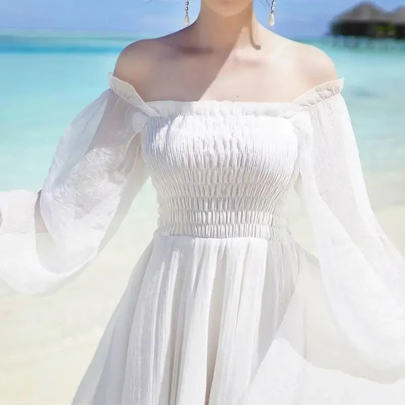 Women’s Summer Off-Shoulder Chiffon Dress – Elegant White Vestido de Mujer