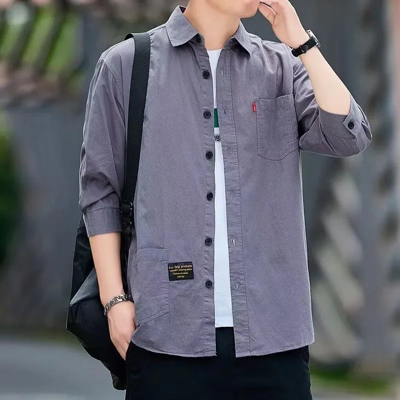 Men shirts Summer clothing Short-Sleeved shirts & blouses Daily Solid Color Stand-Up Collar