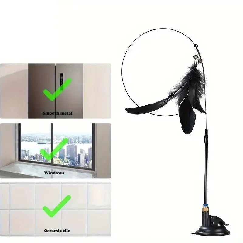 Interactive Cat Teaser Toy – Feather Wand with Bell & Suction Cup for Indoor Cats