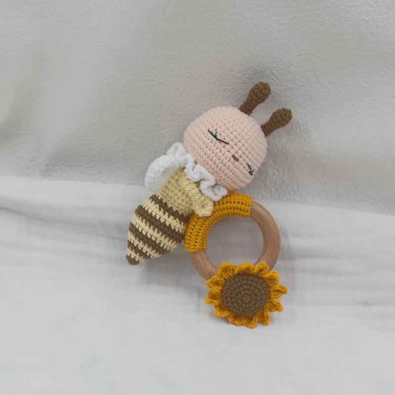 Amigurumi Cartoon Animal Baby Rattle Cute Wooden Ring Handhold Newborn Rattle Toys Handmade Pacifier Clips Kids Educational Toys - PULSE MART