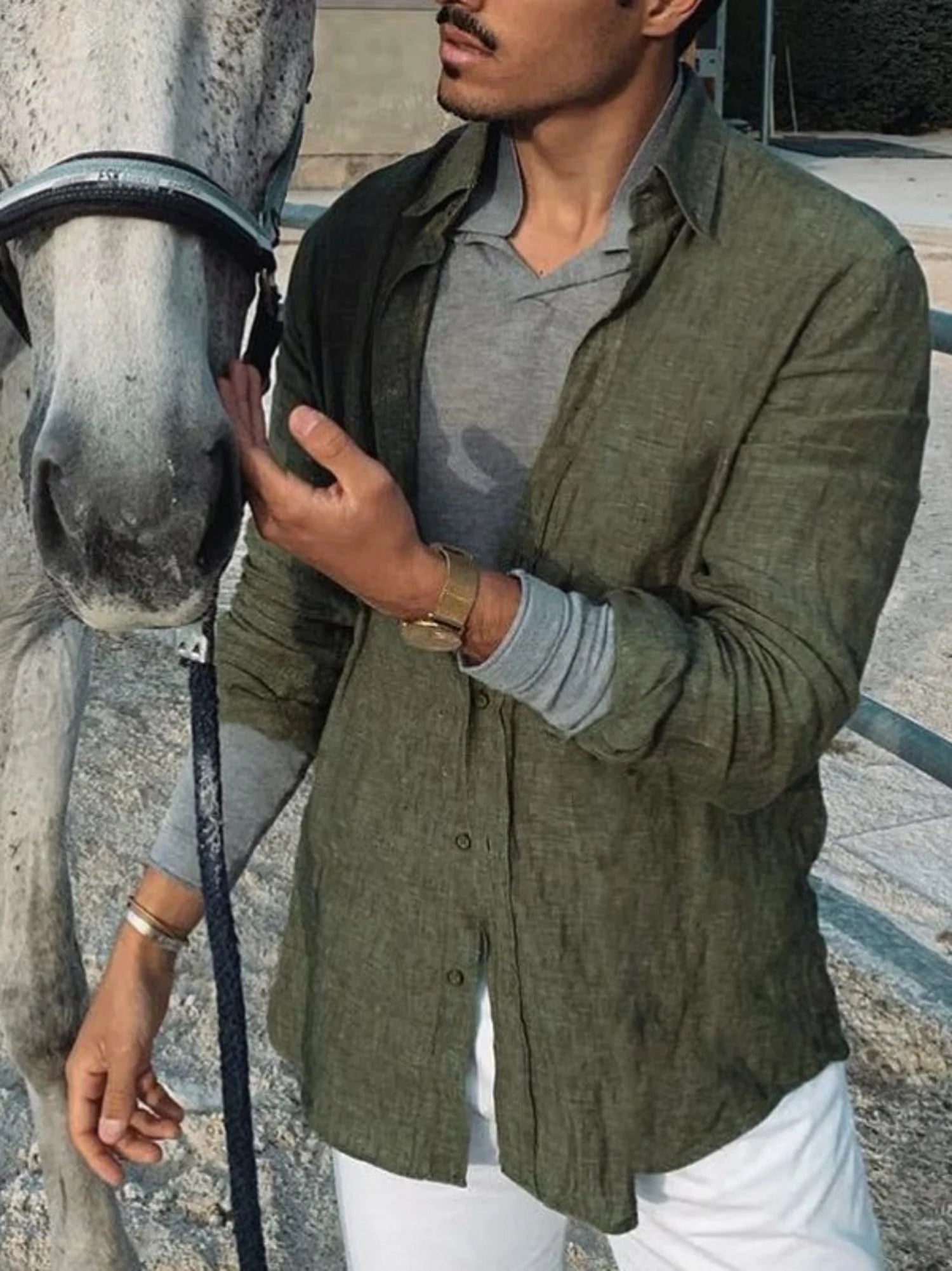 Men’s Casual Solid Color Long-Sleeve Shirt – Lightweight Lapel Cardigan