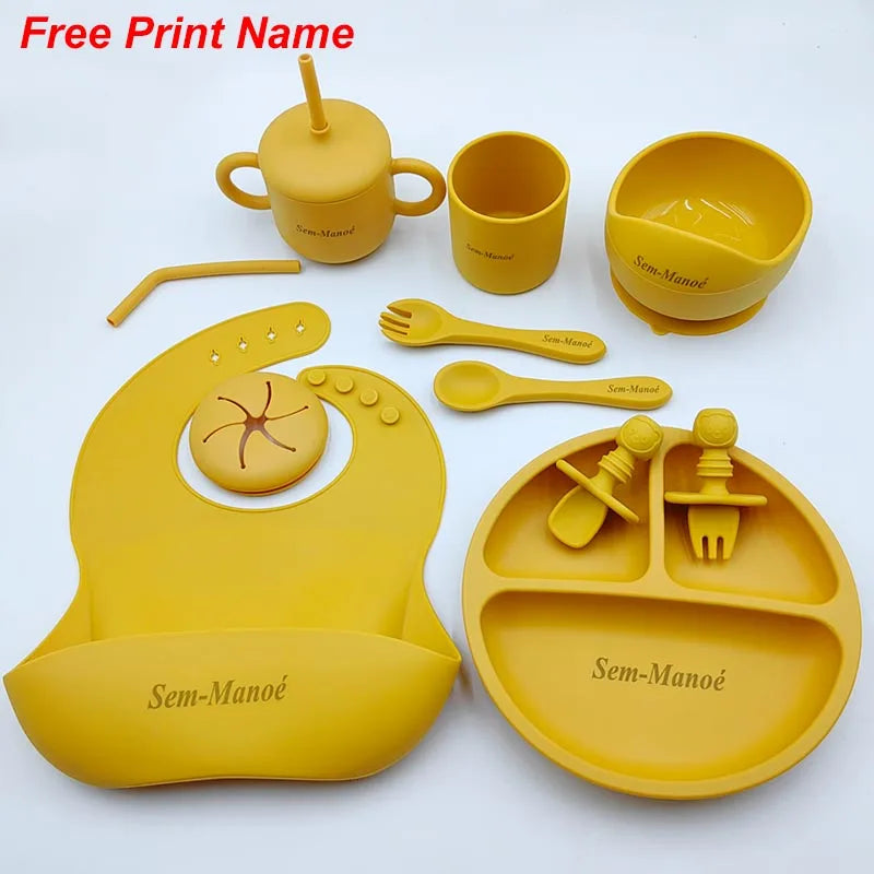 Silicone Baby Feeding Set 10Pcs Children Tableware Set Personalized Name Plates Bowls Placemats Spoon Fork For Kids Newborn Gift - PULSE MART