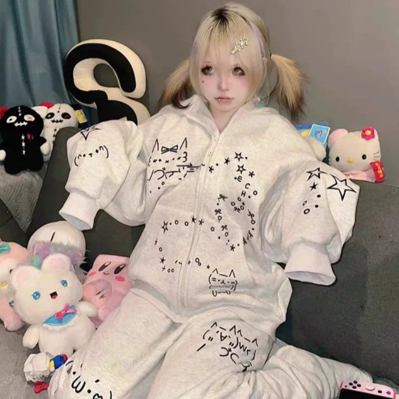 With Hat Hoodies Women Loose Fit Cute Embroidery Design Lazy Style Chic Outwear