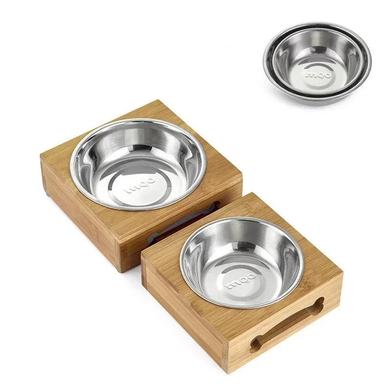 Ceramic Elevated Double Pet Bowls - Bamboo Wooden Stand for Cats & Small Dogs