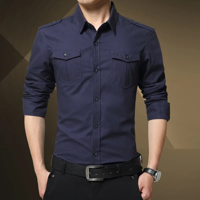 Mens Military Shirts 2025 Autumn Long Sleeve Casual Workwear Pocket Shirts Camisas