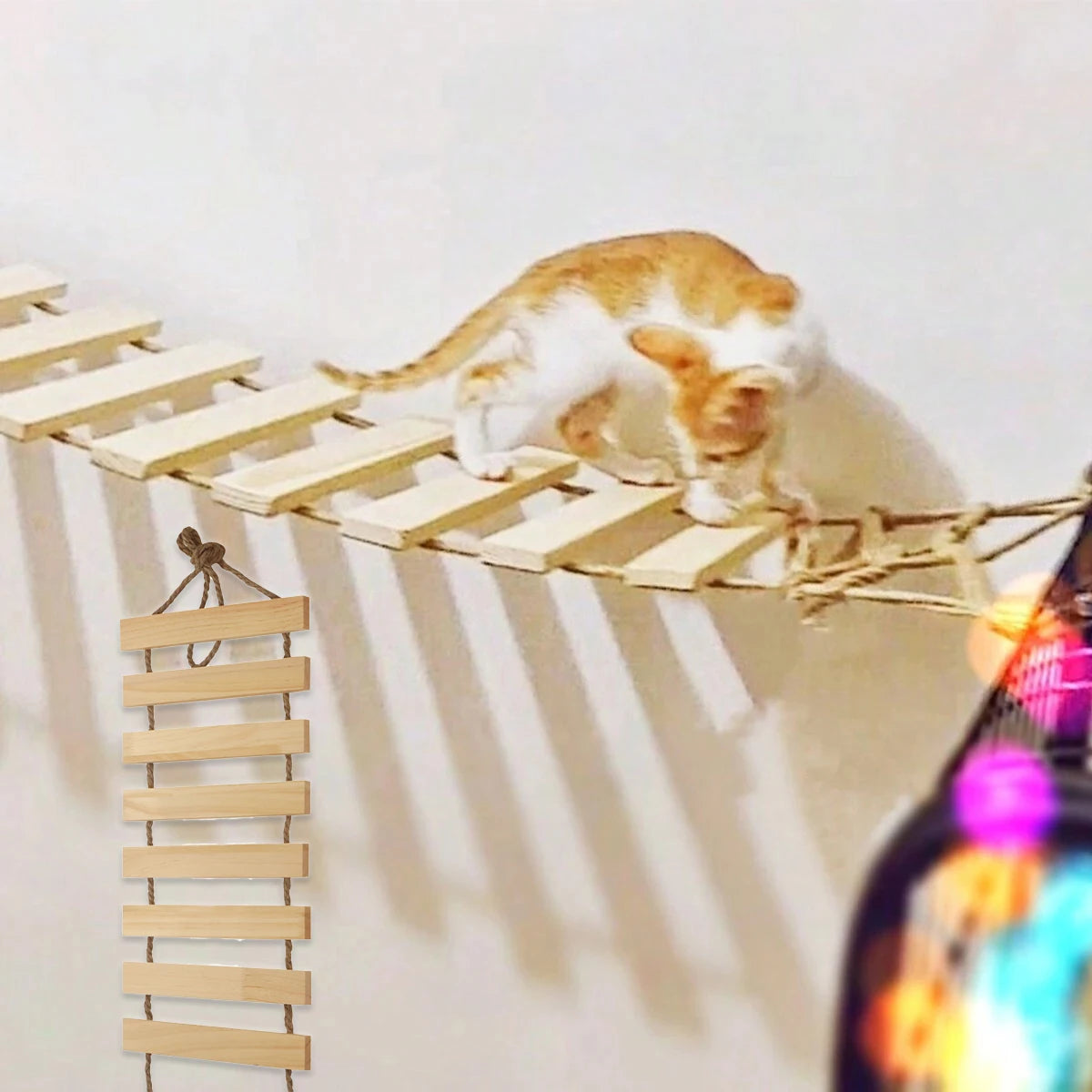 Natural Wood Cat Climbing Bridge - Versatile Cage & Wardrobe Ladder