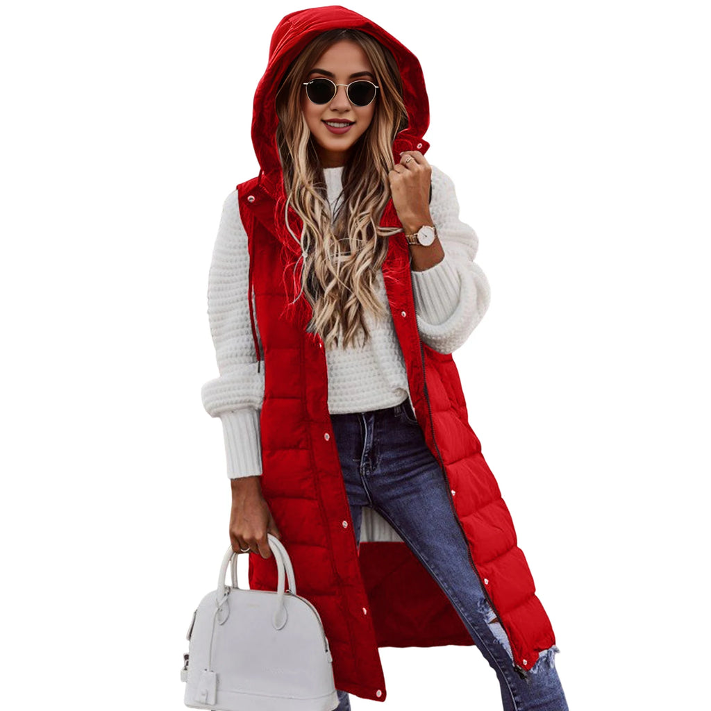 Women’s Long Hooded Down Vest – Warm Quilted Waistcoat - PULSE MART