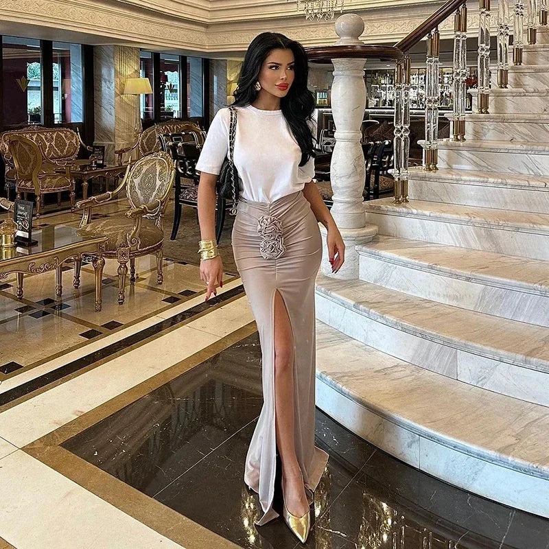 Women’s Summer High Waist Skirt – Slim Straight Streetwear with Appliqué & Side Split