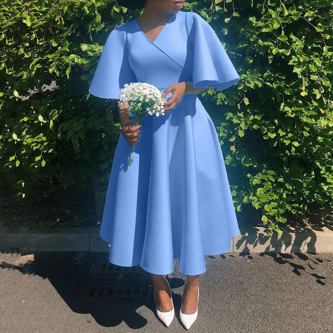 Women’s Elegant Party Dress – V-Neck, Ruffle Sleeves, High Waist Pleated Midi Vestido