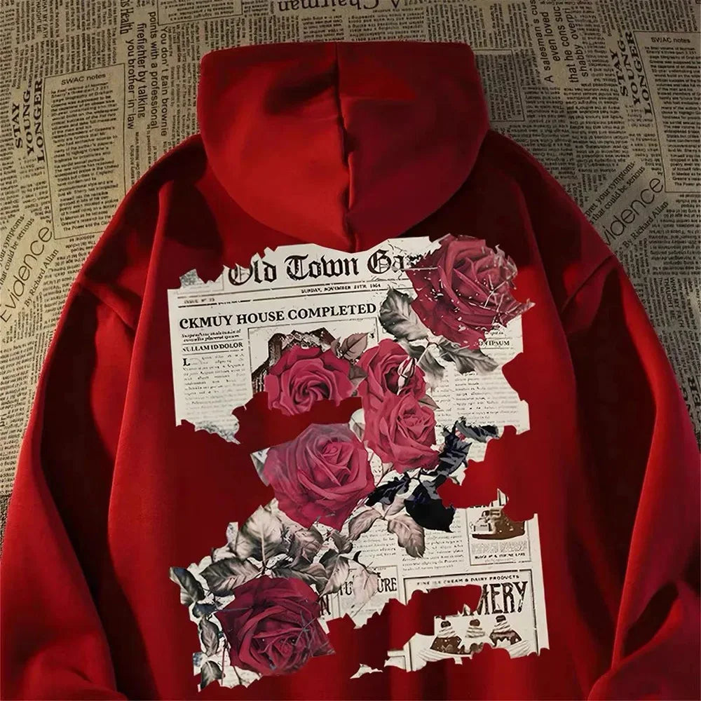 Hoodie Men Graphic Vivid Rose Print Cotton Hoodies American Retro Personality Streetwear