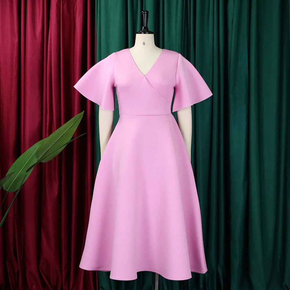 Women’s Elegant Party Dress – V-Neck, Ruffle Sleeves, High Waist Pleated Midi Vestido