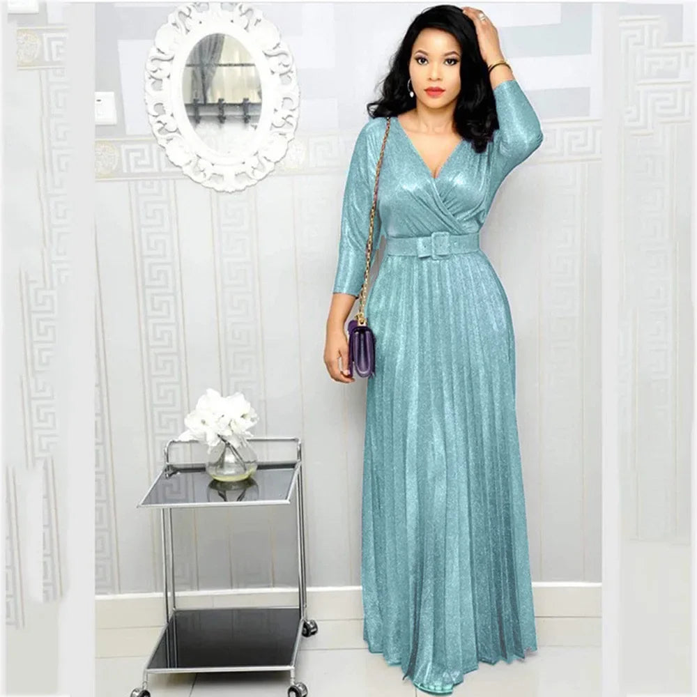 Elegant Women’s Party Dress – Sequined Long Gown with Belt