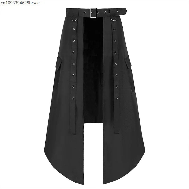 Men’s Gothic Irregular Skirt – Black High Waist Pleated Steampunk Rock Long Skirt for Halloween