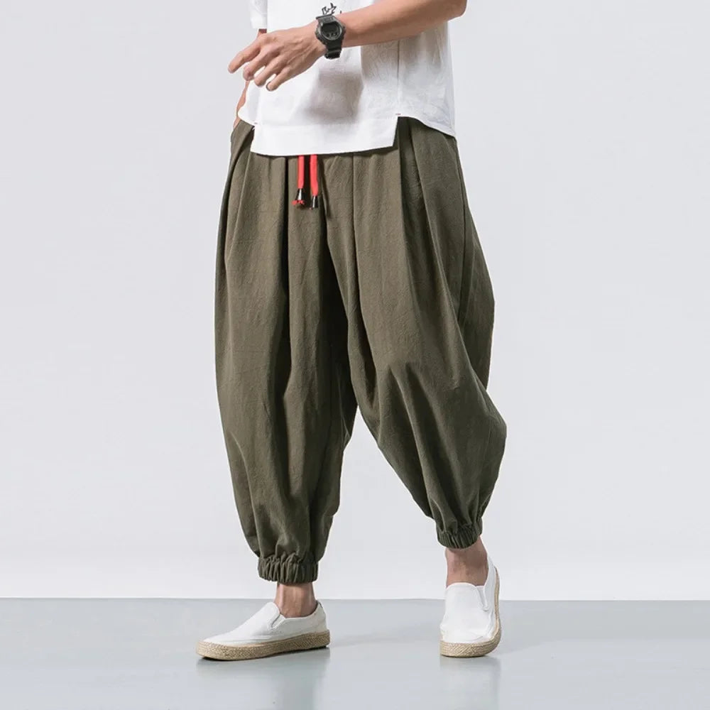 New Trendy Men Harem Pants Loose Oversized Style Cotton and Linen High Quality Jogger