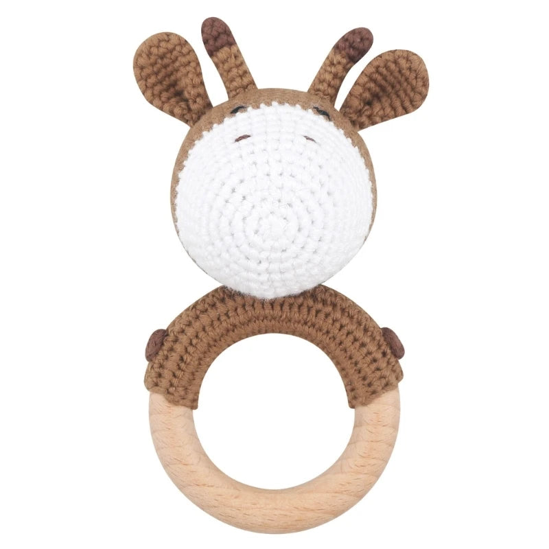 Amigurumi Cartoon Animal Baby Rattle Cute Wooden Ring Handhold Newborn Rattle Toys Handmade Pacifier Clips Kids Educational Toys - PULSE MART
