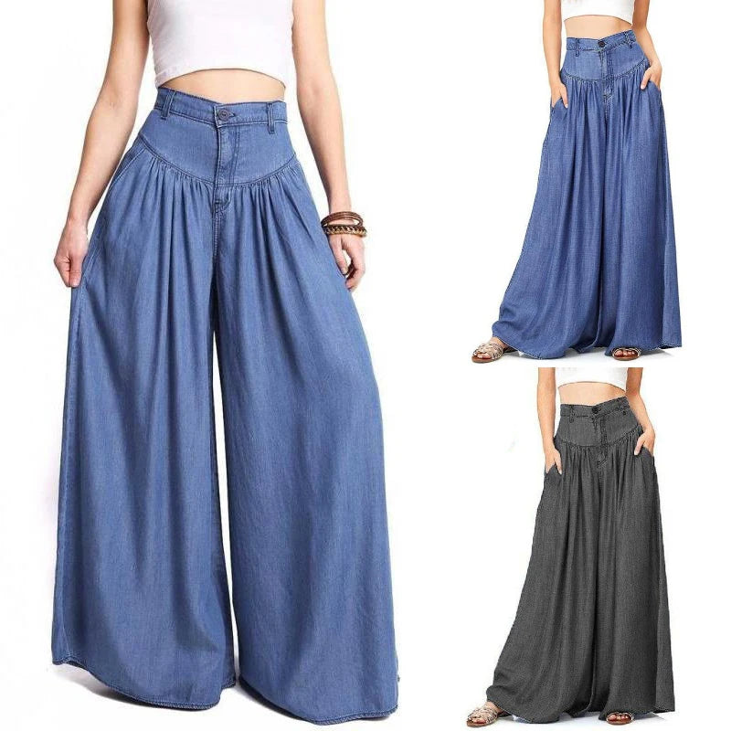Women's Casual Cotton Linen Jeans Fashion Solid Colour Wide-leg Pants Ladies Loose Plus