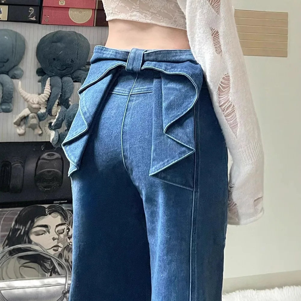 Denim Pant Jeans WomeWiden g L Leong Pants High Waist Bow Straight Trousers - PULSE MART