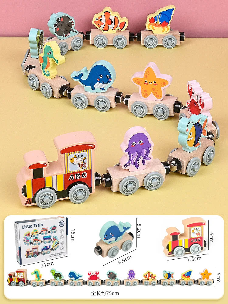 Montessori Magnetic Wooden Train Toys Early Educational Cognition Animal Toy Sorting Learning Teaching Car Cartoon Set For Kids