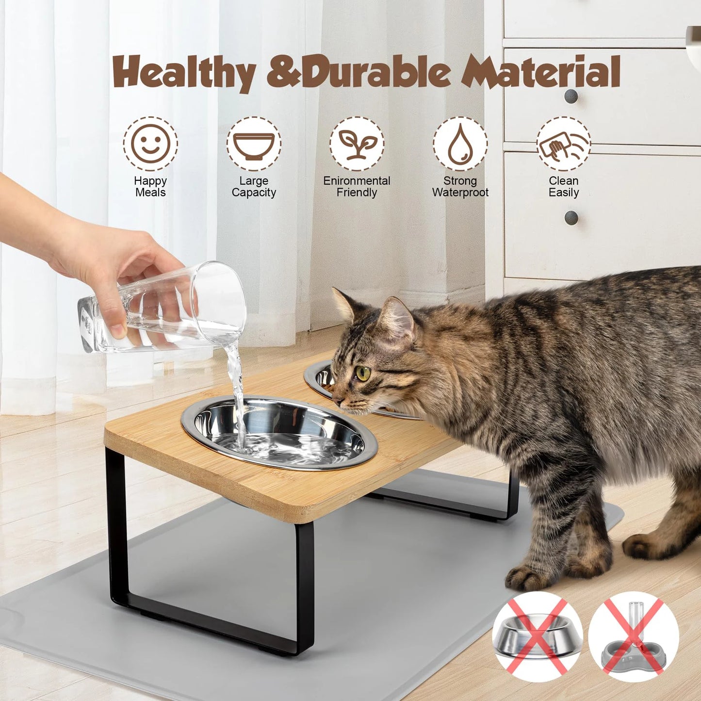 Elevated Cat Bowls with Food Mat – 15° Tilted Raised Feeder with 2 Stainless Steel Bowls