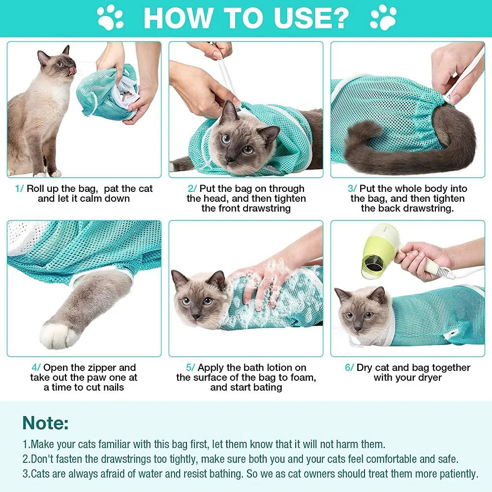 Cat Grooming Shower Bag – Adjustable Mesh Restraint Bag for Bathing & Nail Trimming