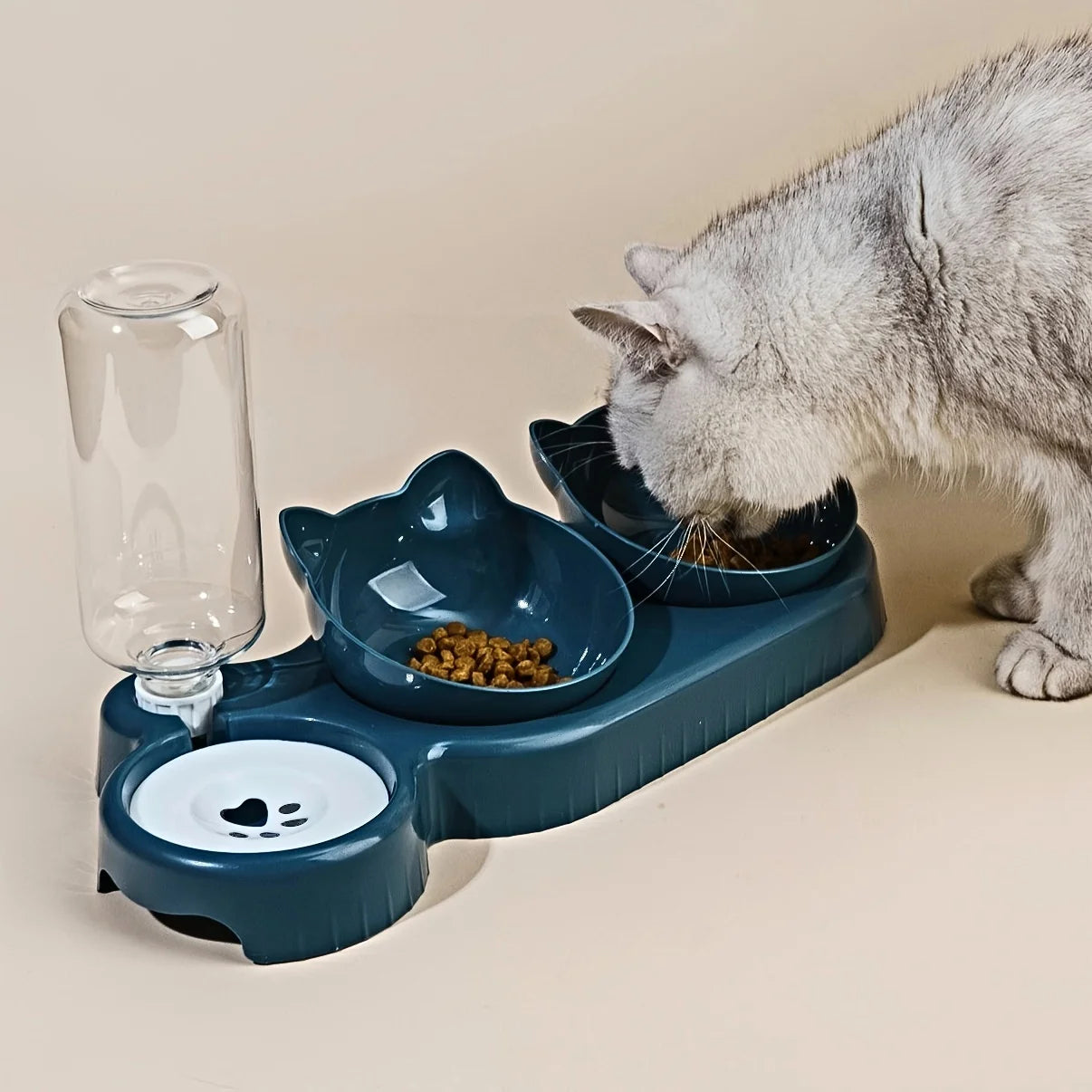3-in-1 Elevated Cat Bowl & Gravity Water Feeder – Tilted Food & Water Bowl Set for Cats & Small Dogs