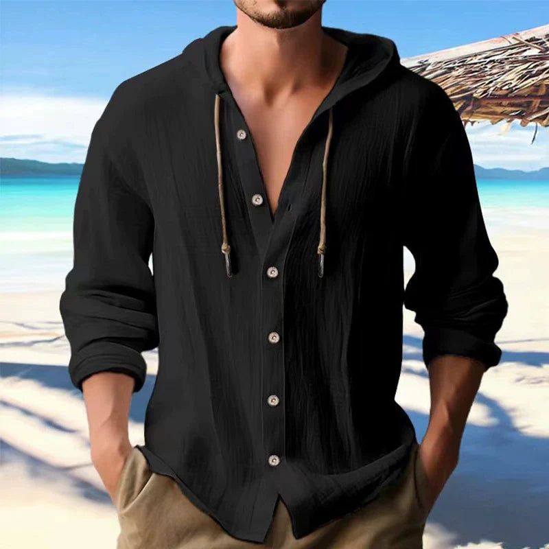Men’s Linen Hooded Shirt – Casual Long Sleeve Button Cardigan Top - PULSE MART