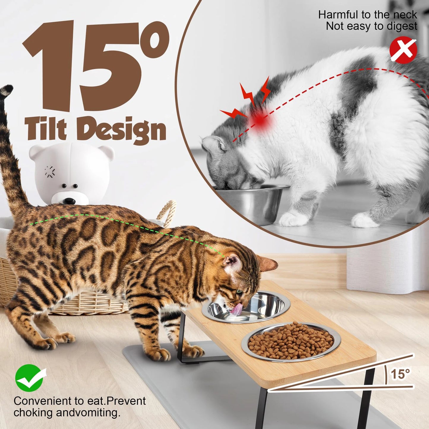 Elevated Cat Bowls with Food Mat – 15° Tilted Raised Feeder with 2 Stainless Steel Bowls