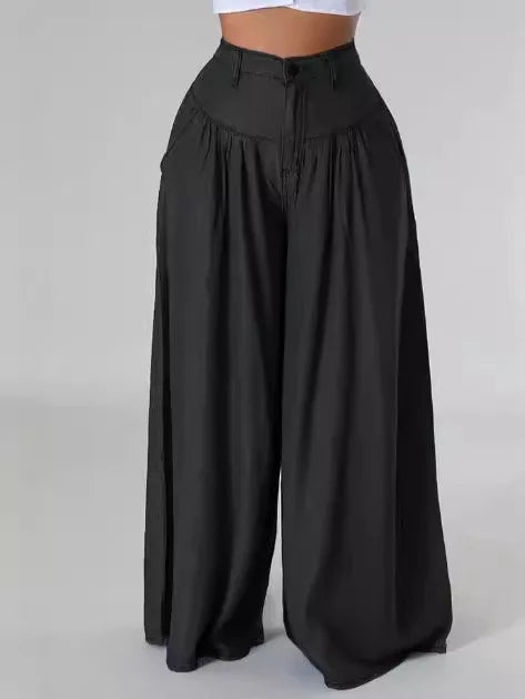 Women's Casual Cotton Linen Jeans Fashion Solid Colour Wide-leg Pants Ladies Loose Plus