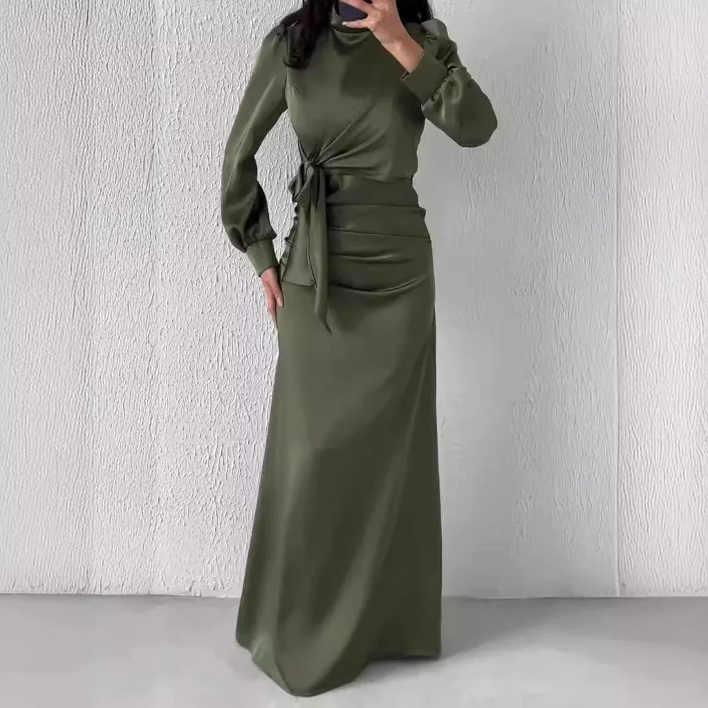 Elegant Satin Party Dress 2024 – Autumn Long Sleeve, Round Neck Skinny Evening Outfit